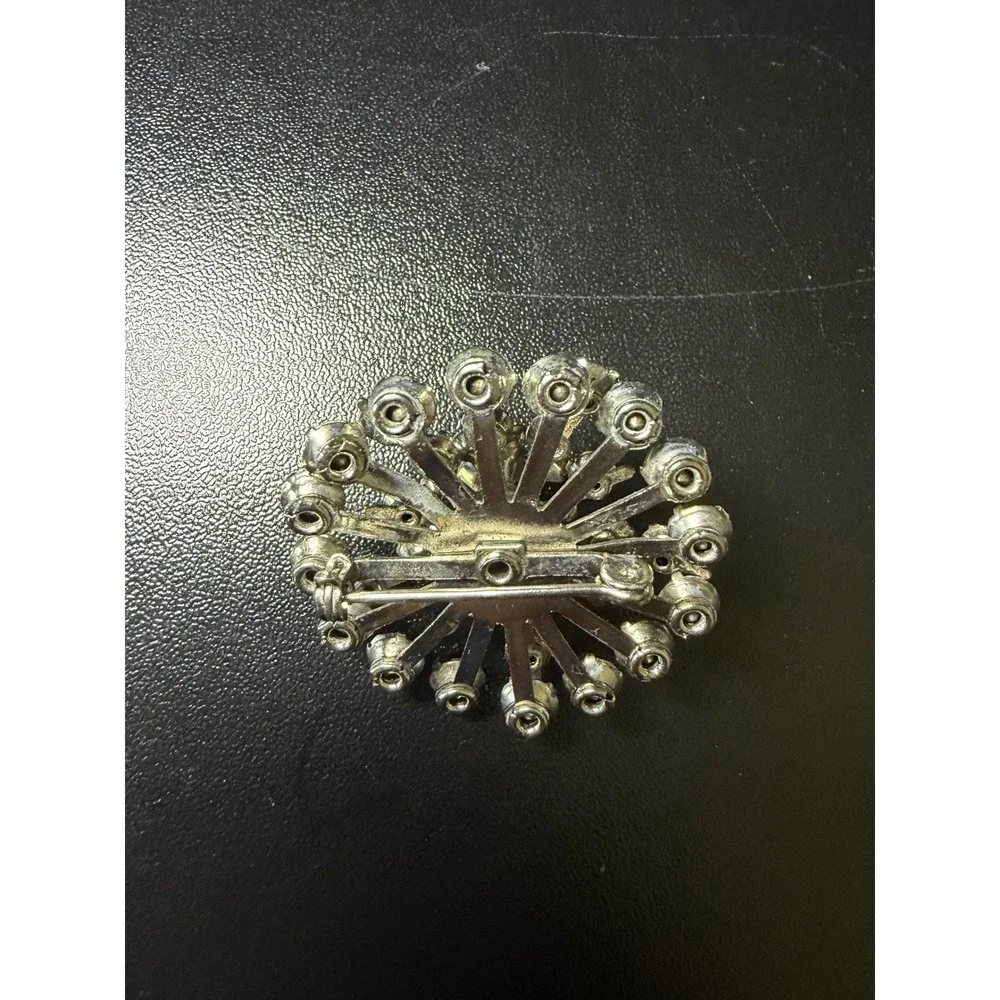Vintage Sunburst Brooch Silver Tone Clear Rhinestone Starburst Floral Pin